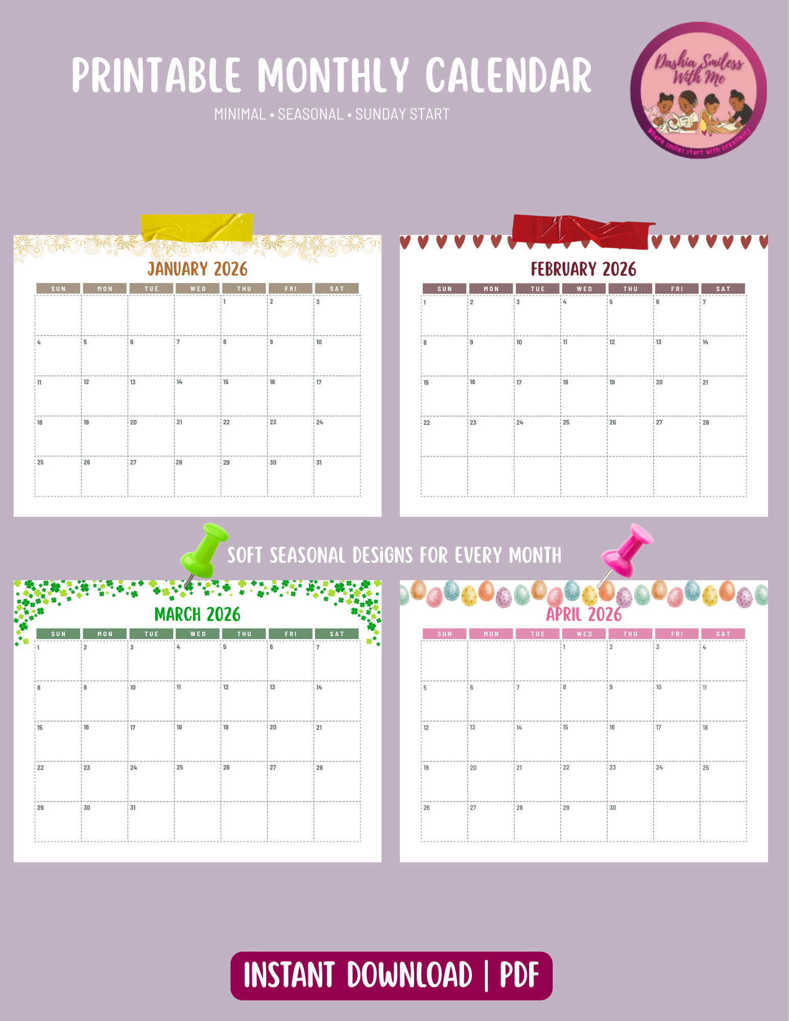 2026 Printable Monthly Calendar | Minimal Seasonal Calendar | Sunday Start | Instant Download PDF | Home & Office Planner