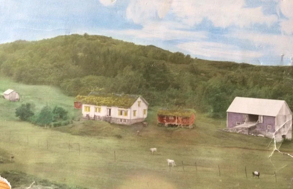 Gammelt håndfarget foto av Setervika med hus, løe, stabbur, og hønsehus.