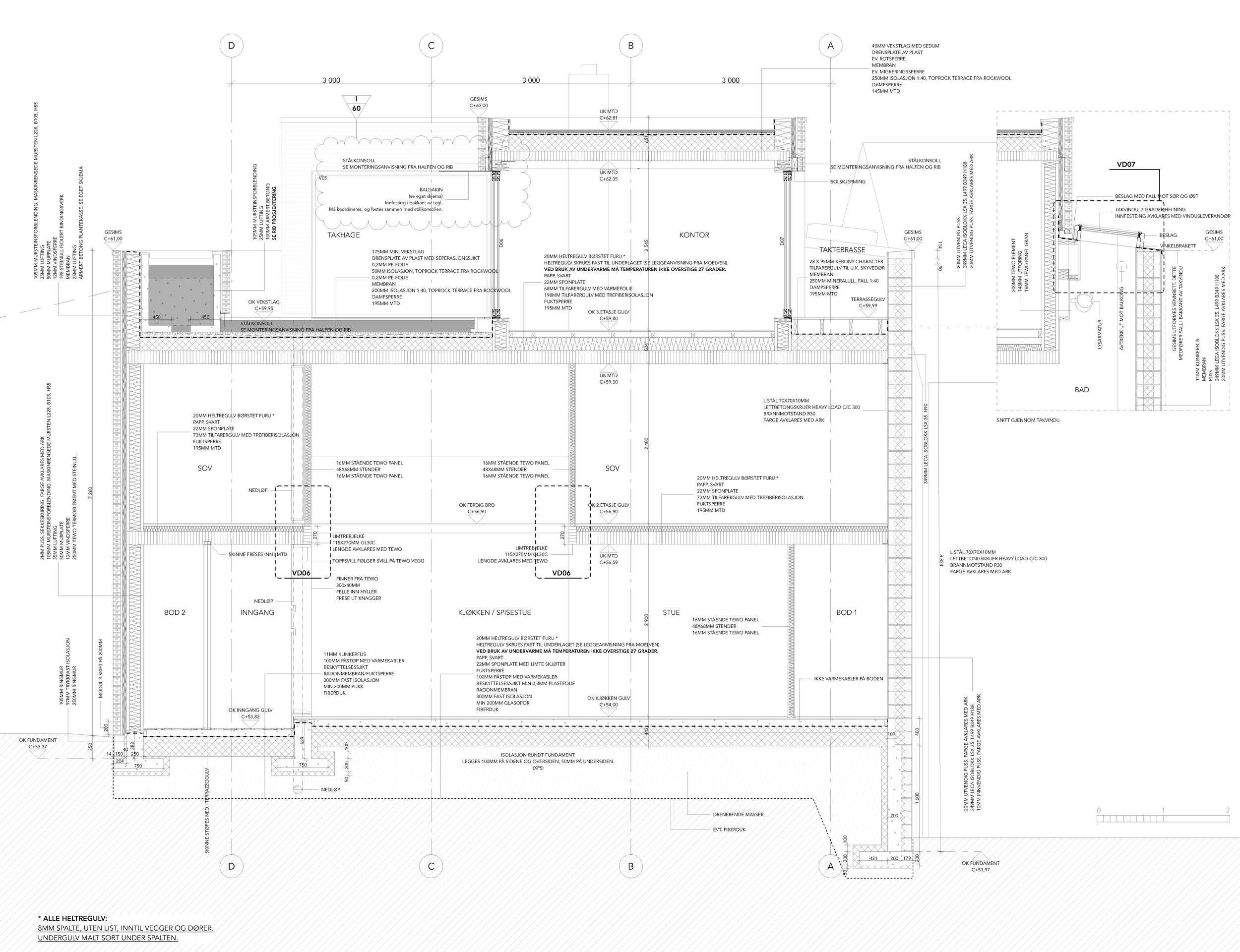 Arbeidstegning av lengdesnitt med takhage, tegl og massivtre.