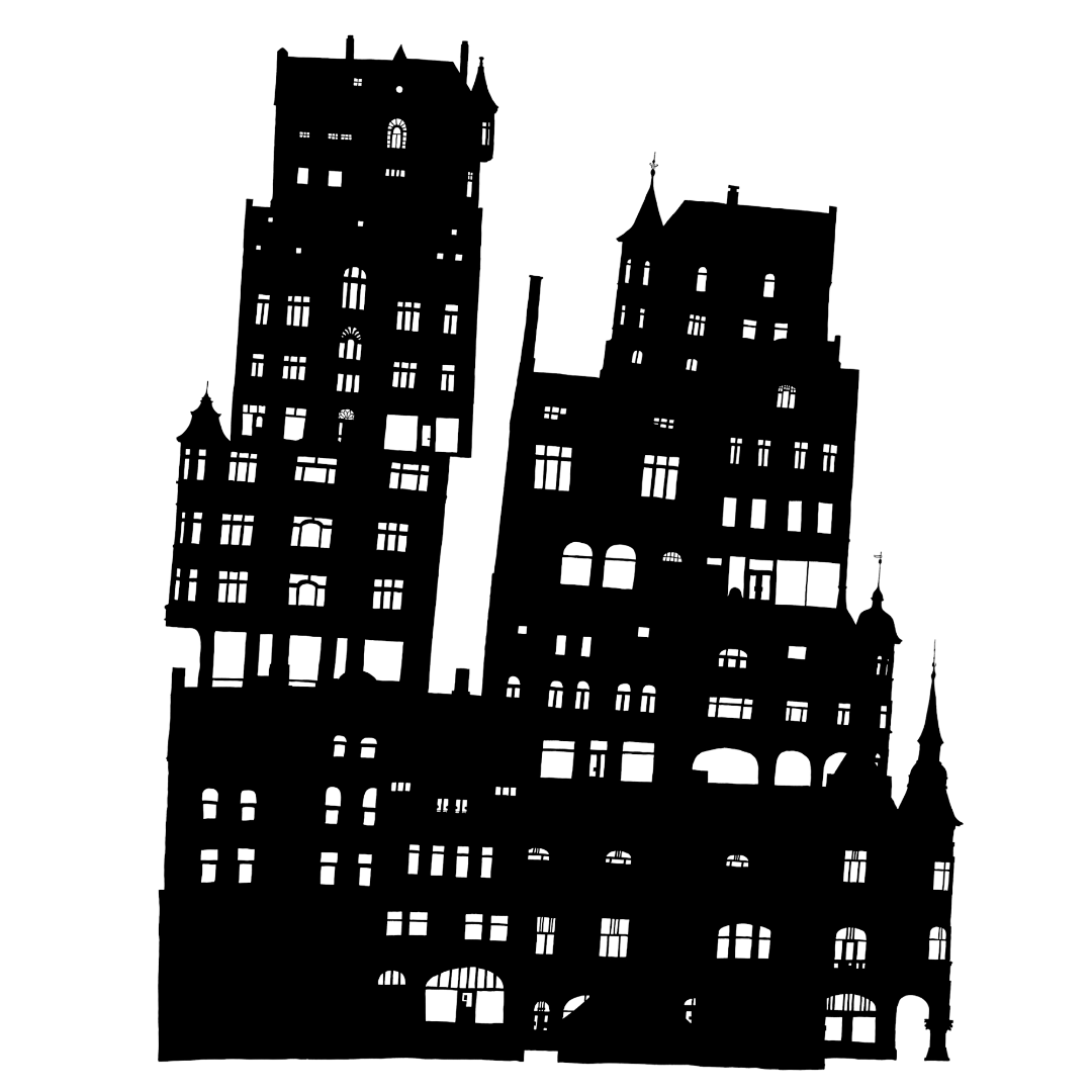 A tall brick building with multiple floors and numerous windows, with rooftops and antennas visible.