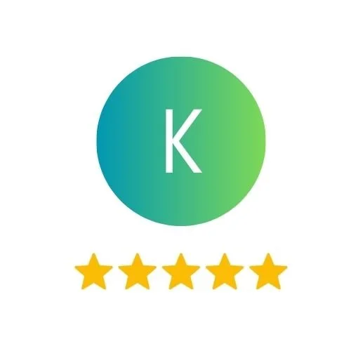 Green and blue gradient circle with the letter K inside, five gold stars below.