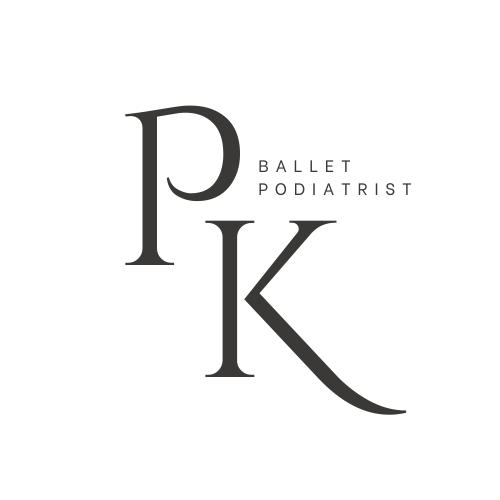 Logo for Ballet Podiatrist with large initials P and K and small text 'Ballet Podiatrist'