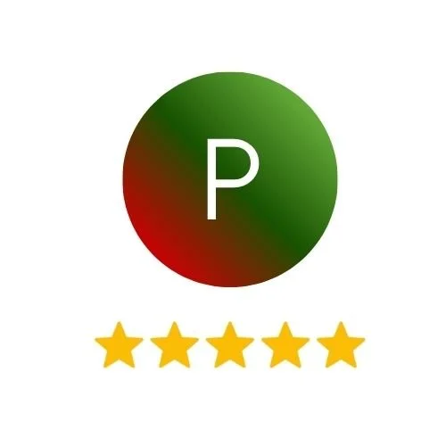 Circle with a green to red gradient background and a white letter P in the center, with five yellow stars beneath it.