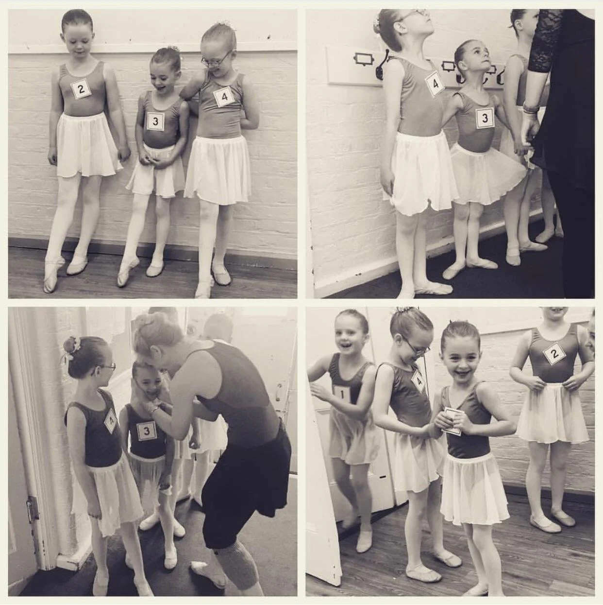 Young girls in ballet costumes with numbered tags preparing backstage, receiving instructions, and waiting in a dance studio.