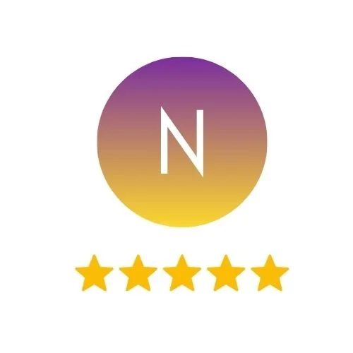 Gradient circle with a white letter 'N' inside and five gold stars beneath.