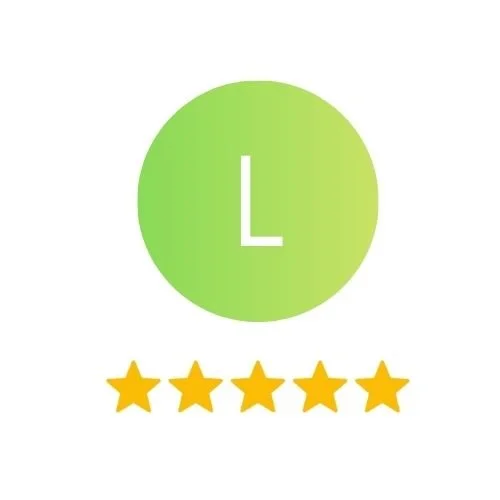 Green circle with a white letter 'L' in the center, five orange stars below.