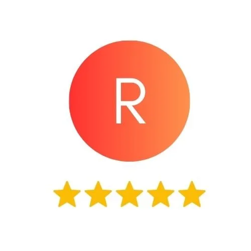 Red gradient circle with a white letter R inside, five gold stars underneath.