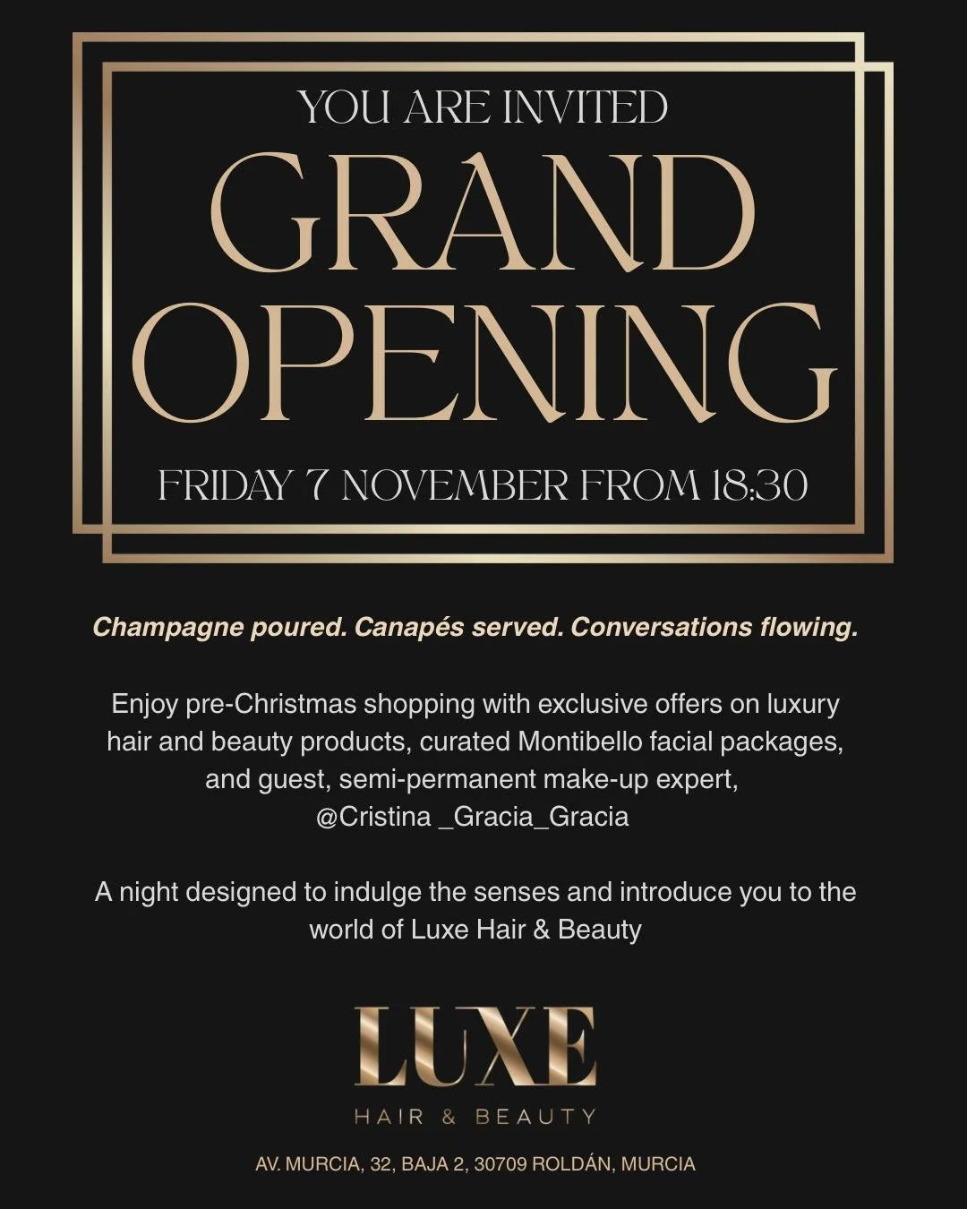 The Luxe Hair &amp; Beauty Launch Night is THIS Friday!
And you&rsquo;re invited to celebrate the official opening for an evening of style, sparkle and self-care.
🥂 Champagne &amp; canap&eacute;s
🛍️ Pre-Christmas shopping with exclusive offers on l