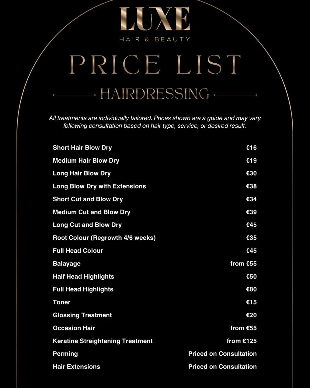 ✨ HAIR PRICE LIST ✨
Beautiful hair isn&rsquo;t one-size-fits-all! 

During your consultation, we will discuss your full treatment breakdown taking into consideration things such as texture, length and thickness of hair as well as the way you would li
