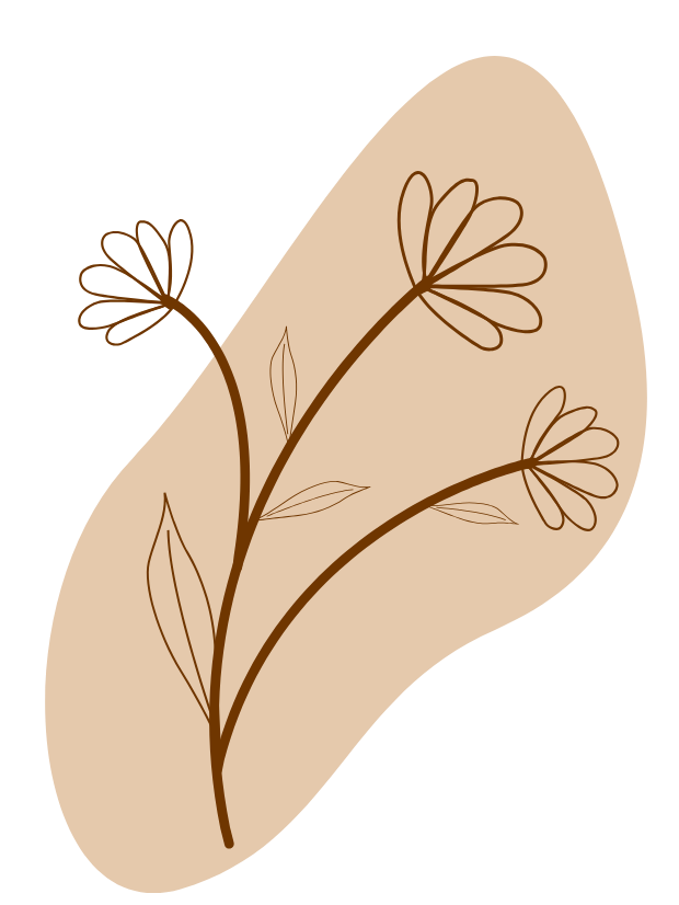 Minimalist line drawing of three flowers with leaves on a beige oval background.
