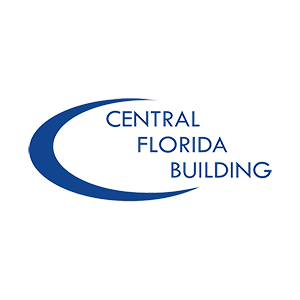 Logo for Central Florida Building featuring a blue swoosh and blue text