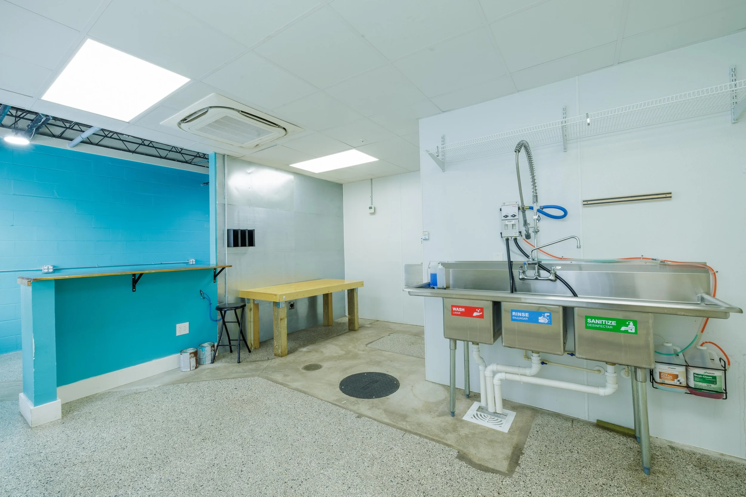 Laundry utility room with stainless steel sinks labeled for washing, rinsing, and sanitizing, and a blue wall with a small counter and a black stool.