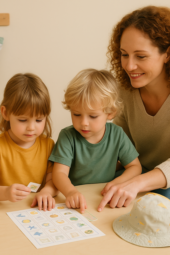 A woman and two children playing a matching game at a table, with a hat nearby.
