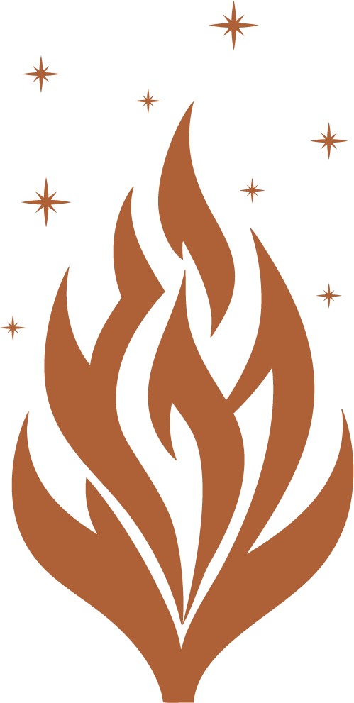 Stylized brown flame with small stars around it against a black background.