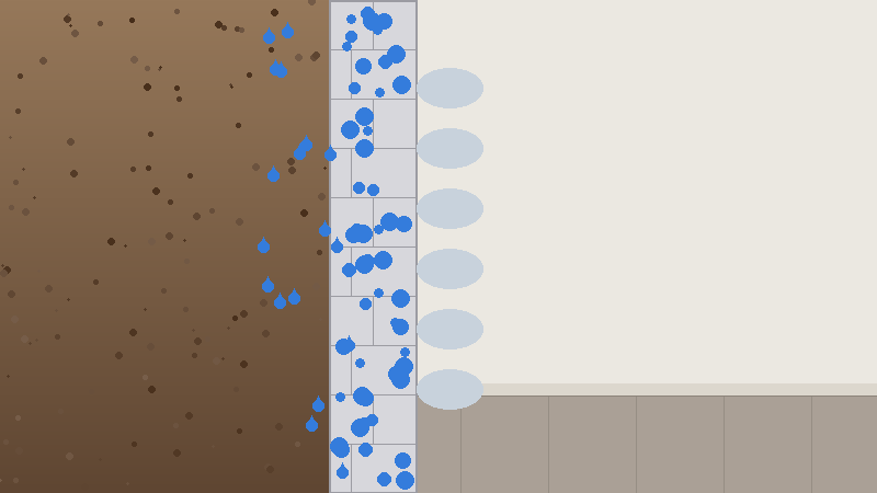 Grafik mit braunem Boden auf der linken Seite, einer Reihe blauer Punkte in der Mitte, die auf einer vertikalen Achse verteilt sind, und weißen ovalen Formen auf der rechten Seite, die auf einem hellgrauen Hintergrund angeordnet sind.