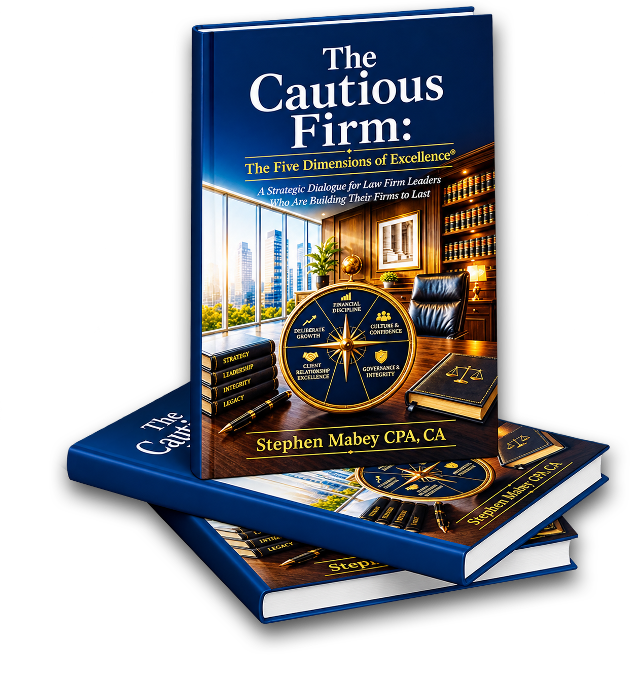 Book titled 'The Cautious Firm: The Five Dimensions of Excellence' by Stephen Mabey CPA CA, featuring a conference room scene with a clock displaying five key aspects for law firm success: financial discipline, culture & confidence, governance & integrity, client relationship excellence, and deliberate growth.