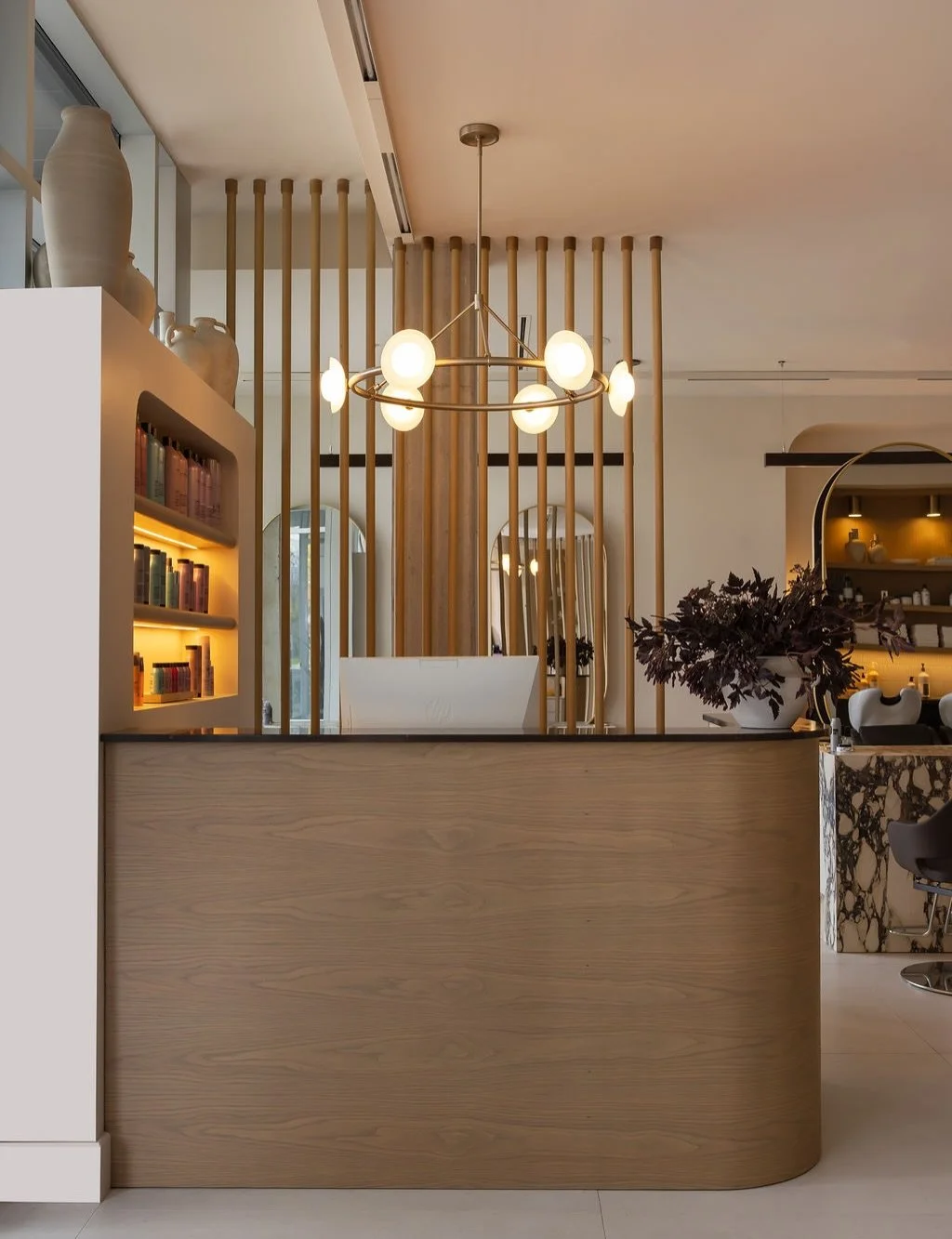 Swipe to slide 3+4 friends! Another before + after @xcentrichair comin at ya. This one&rsquo;s good. 

What&rsquo;s your favourite part? The white oak veneer curved corner desk? The lighting? The dowel wall? The archie display shelves&hellip;we can&r