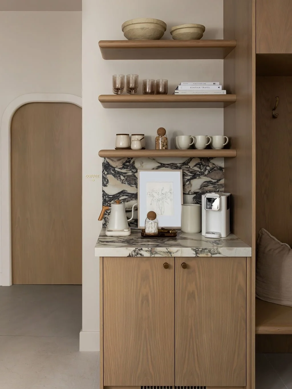 This used to be a guest closet.

Swipe to see how we turned it into a full blown caf&eacute; moment at Xcentric Hair Studio. Custom millwork, stone for days, warm wood, open shelving and a setup that actually makes you want to take a break.

Proof th