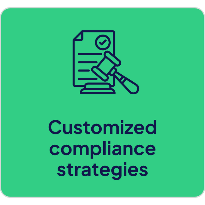 Card displaying a document and gavel icon with the text Customized compliance strategies on a white background with rounded corners.