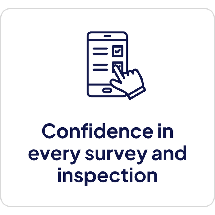 Card displaying a mobile checklist icon with the text Confidence in every survey and inspection on regulatory survey consulting.