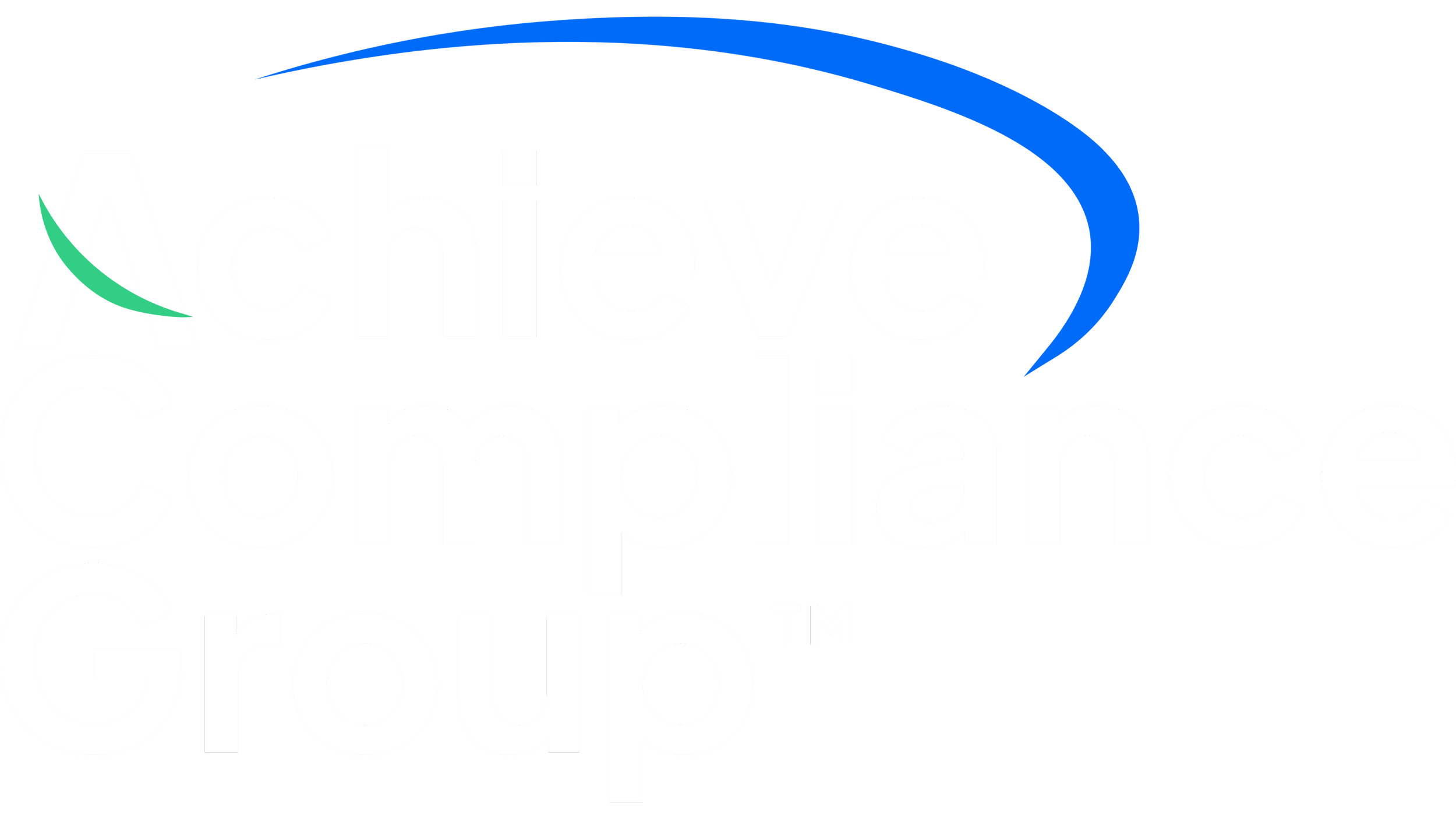 Achieve Compliance Group logo with white text on a dark blue background, featuring a green accent on the letter A and a blue curved swoosh above the text.