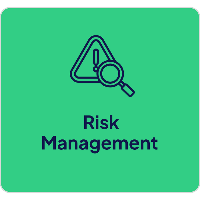 Risk management service represented by a line icon of a warning symbol and magnifying glass