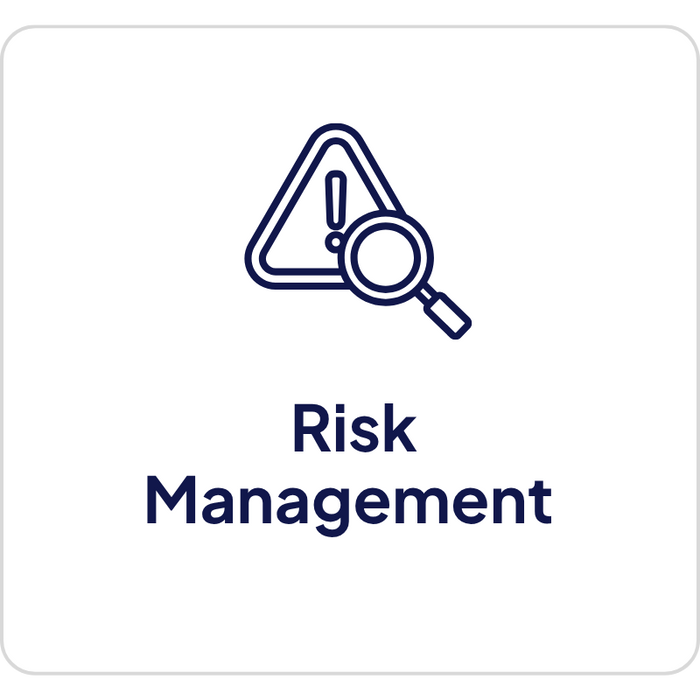 Risk management service represented by a line icon of a warning symbol and magnifying glass
