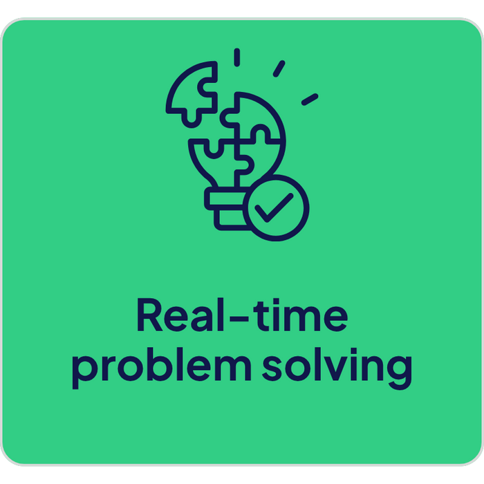 Card displaying a lightbulb and puzzle icon with the text Real-time problem solving on a white background with rounded corners.