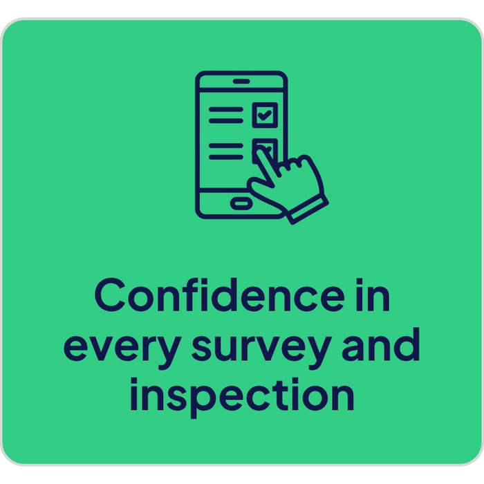 Card displaying a mobile checklist icon with the text Confidence in every survey and inspection on a white background with rounded corners.