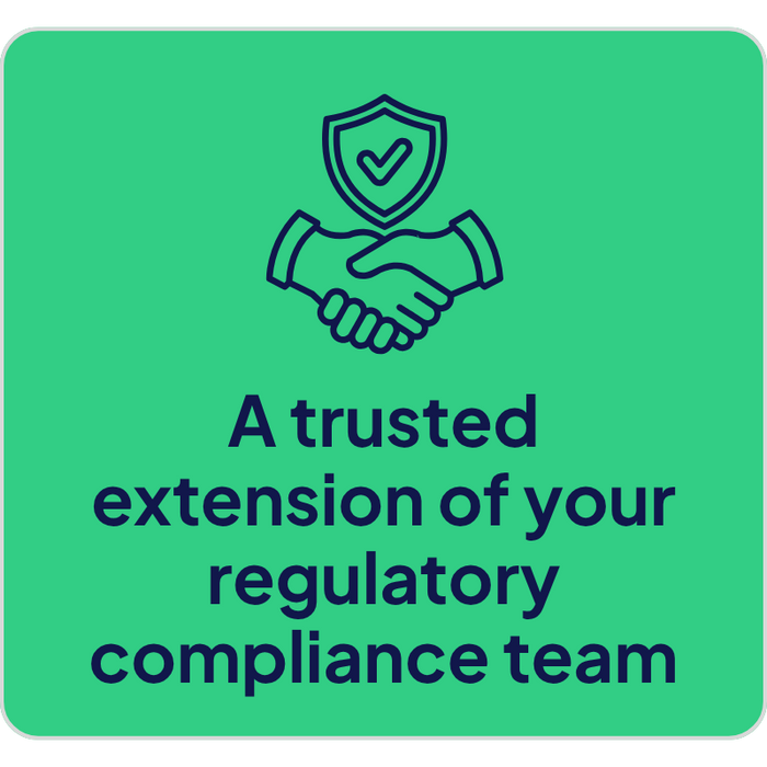 Card displaying a handshake and shield icon with the text A trusted extension of your regulatory compliance team on a white background with rounded corners.