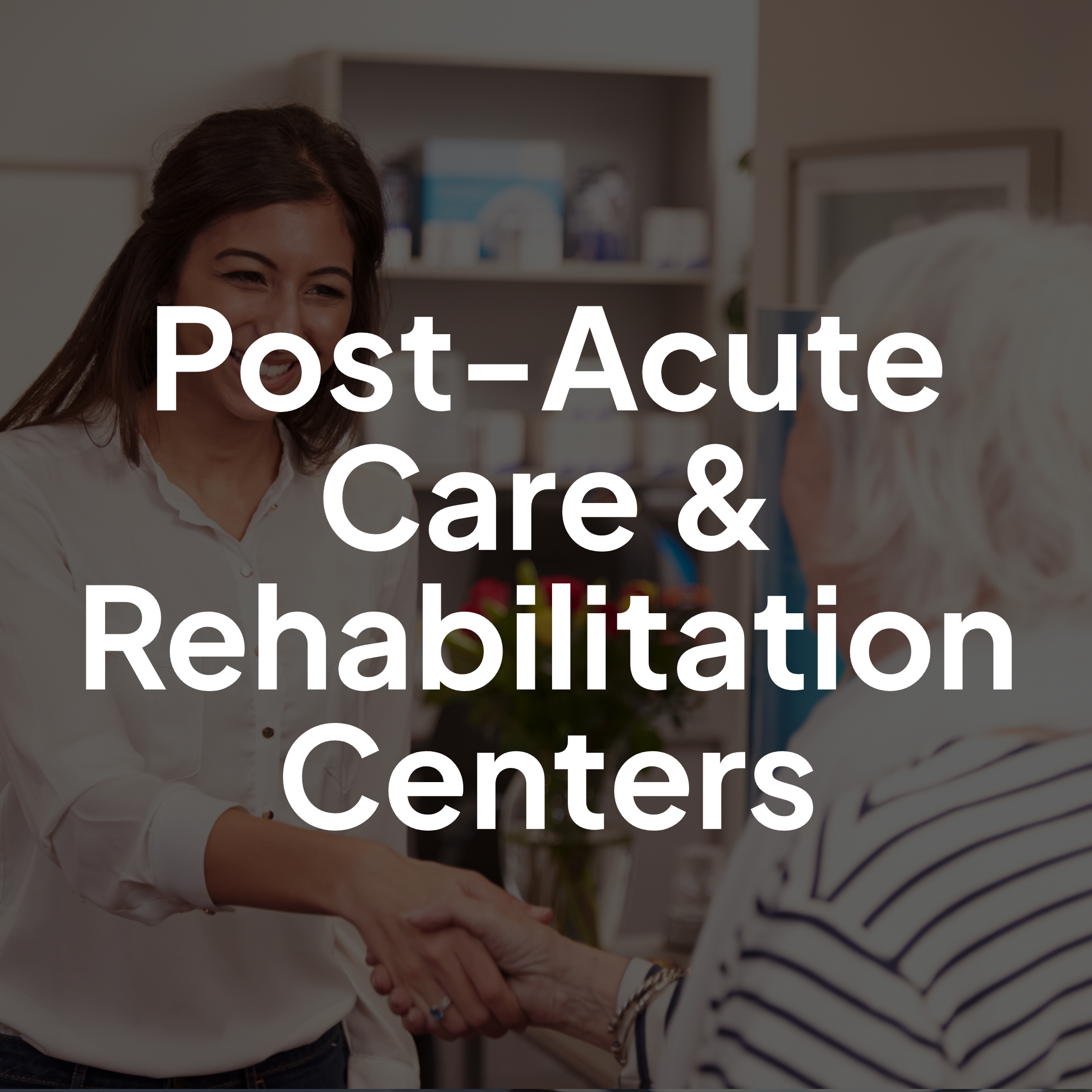 Post-acute care and rehabilitation center staff member greeting an older adult patient in a clinical care setting.
