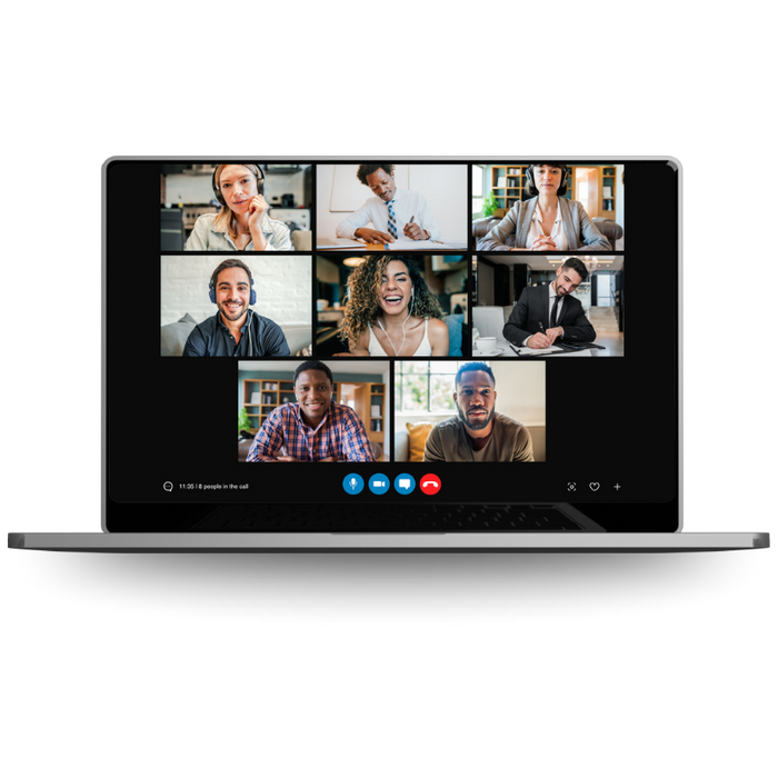 Laptop screen displaying a video conference call with many of the best accreditation consultants for skilled nursing facilities in a grid layout, attending a virtual meeting.