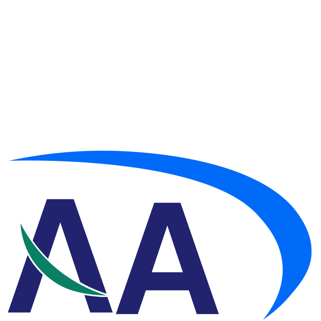 Stylized AA for Achieve Accreditation lettering with green and blue curved swoosh elements forming a logo mark.