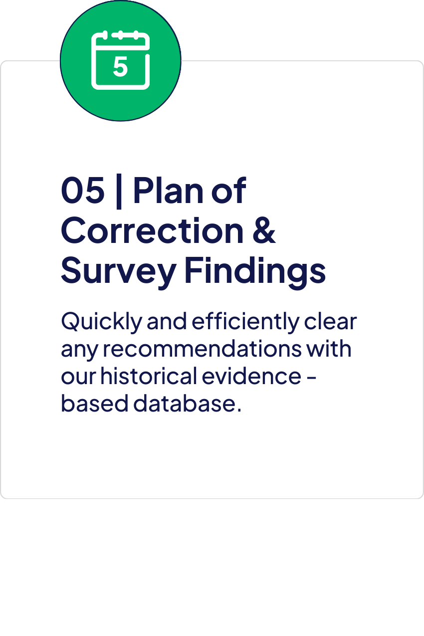 Step five, Plan of Correction and Survey Findings. Quickly and efficiently clear recommendations using a historical evidence-based database.