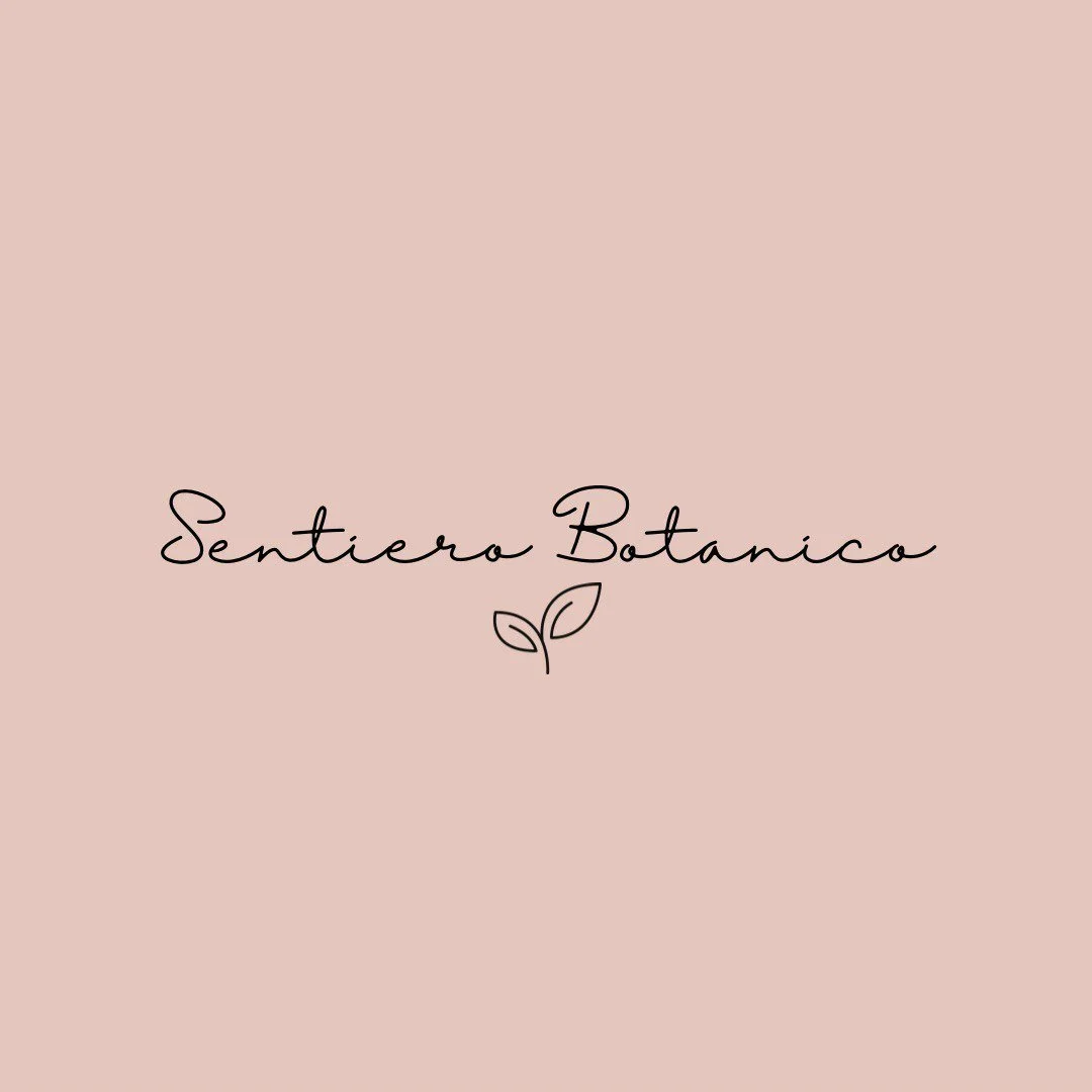 Soft pink background with black cursive text that reads 'Sentiero Botanico' and a simple line drawing of a leaf.