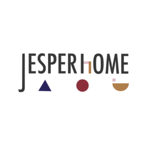 The word 'JESPERHOME' with each letter replaced or accompanied by a different geometric shape or object, such as a triangle, circle, square, and semi-circle.