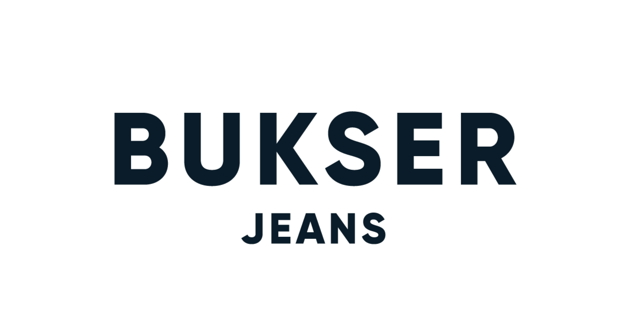 Logo for Bukser Jeans in dark blue text on a black background.
