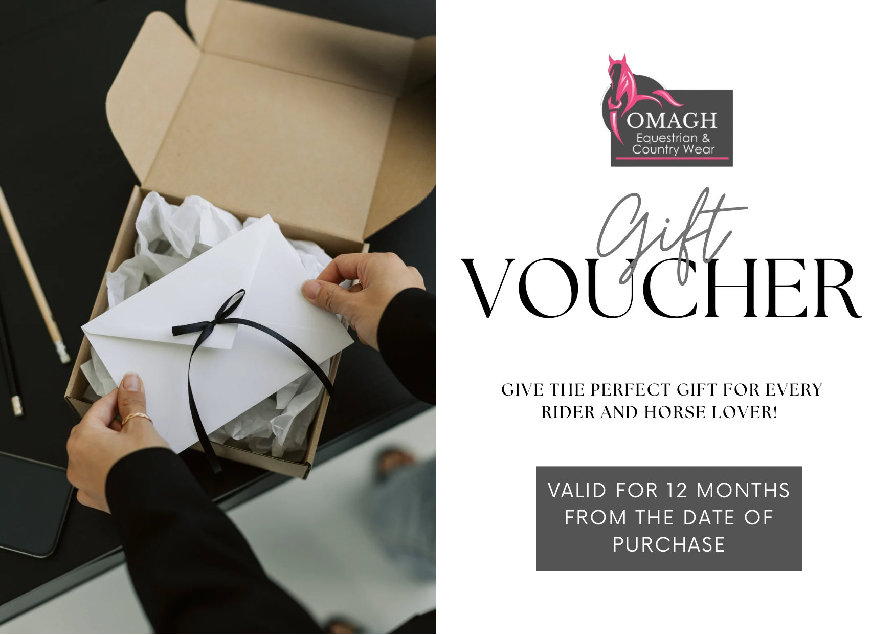 A person is opening a white envelope tied with a black ribbon inside a gift box with tissue paper. The gift box is on a black surface, and the right side of the image displays a gift voucher from Omagh Equestrian & Country Wear.