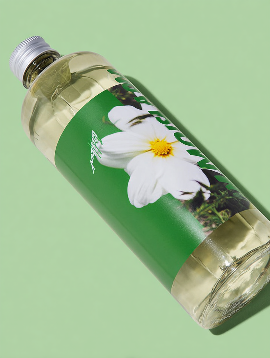 A clear plastic bottle with a metal screw cap, containing a light yellow liquid, lying at an angle on a light green background. The bottle has a label with a white flower with a yellow center and green foliage.