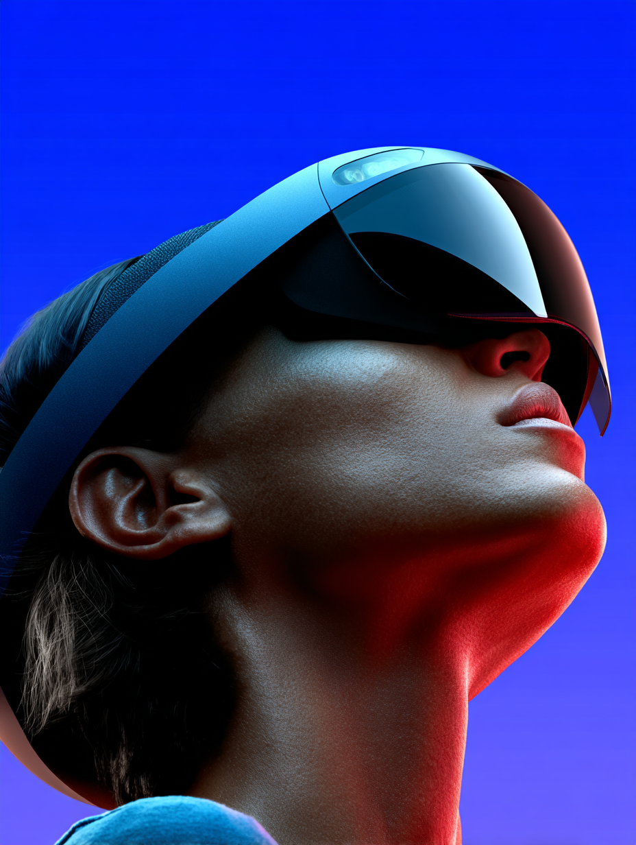 A woman with short gray hair wearing a virtual reality headset against a blue background.