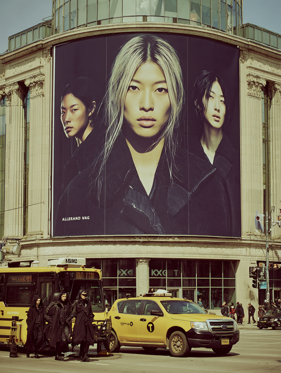 A large billboard on a building shows three women with serious expressions, with the middle woman having bleached blonde hair and the other two having dark hair. Below the billboard, a helicopter, a yellow taxi, and pedestrians are visible in an urba