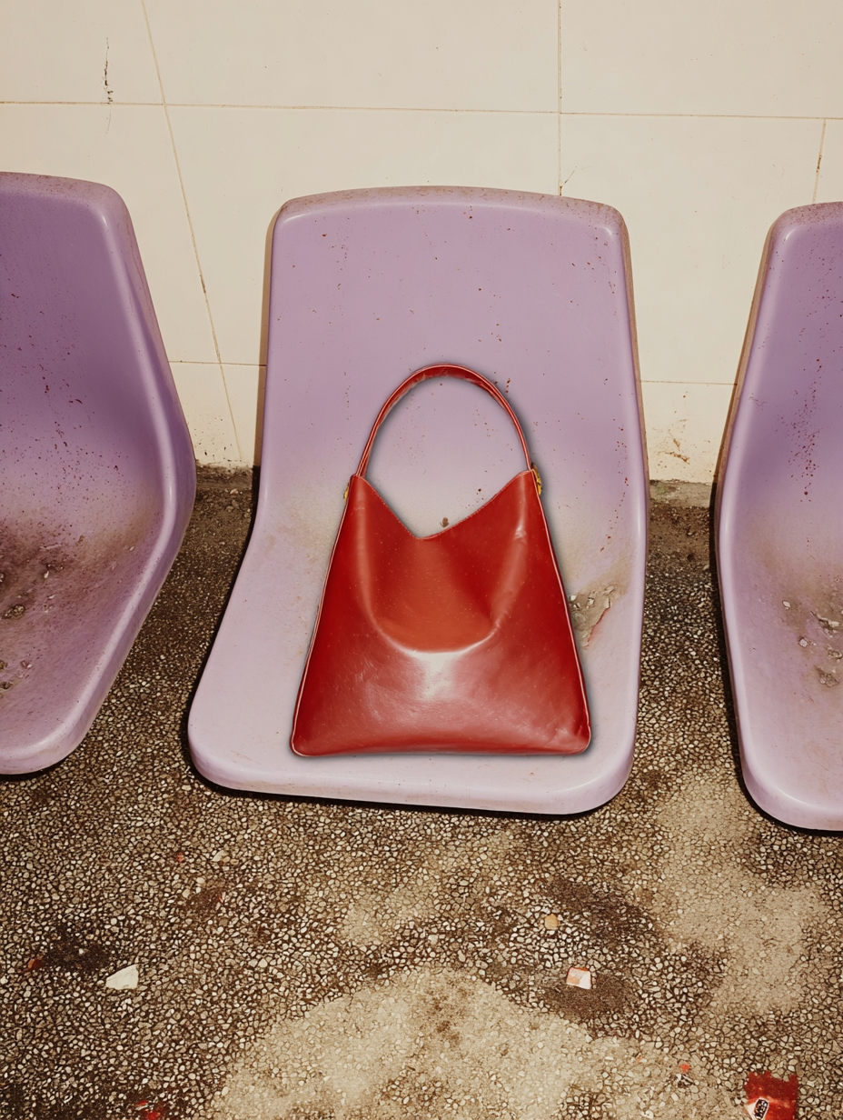 A red handbag resting on an empty, dirty plastic purple chair in a worn and stained seating area with a tiled wall in the background.