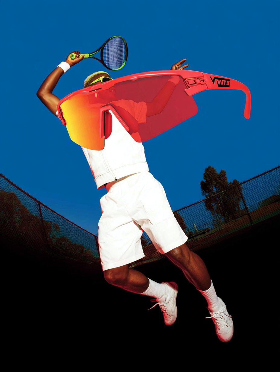 A tennis player in white athletic clothing and white shoes, wearing large red sports sunglasses, is holding a tennis racket up in the air with a bright blue sky in the background.