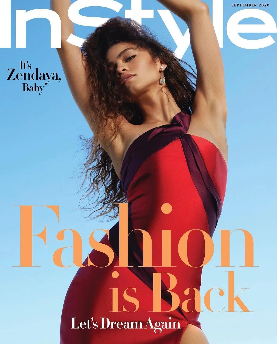Cover of InStyle magazine, September 2020 issue, featuring Zendaya in a red and purple satin dress with her arm raised, against a blue sky background, with the headline 'Fashion is Back' and the subheadline 'Let's Dream Again.'