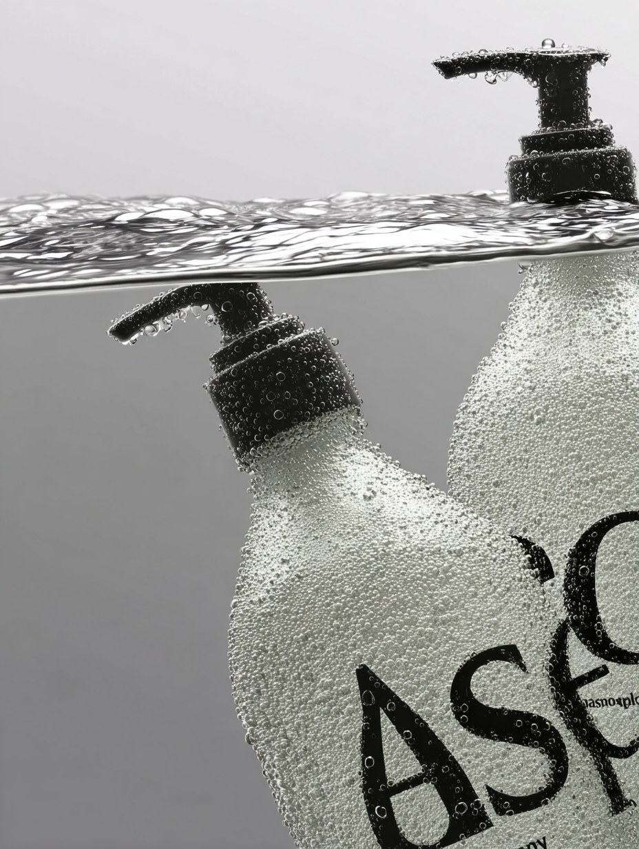 A plastic bottle labeled 'CASE' is submerged in water, with bubbles forming on its surface and around its neck.
