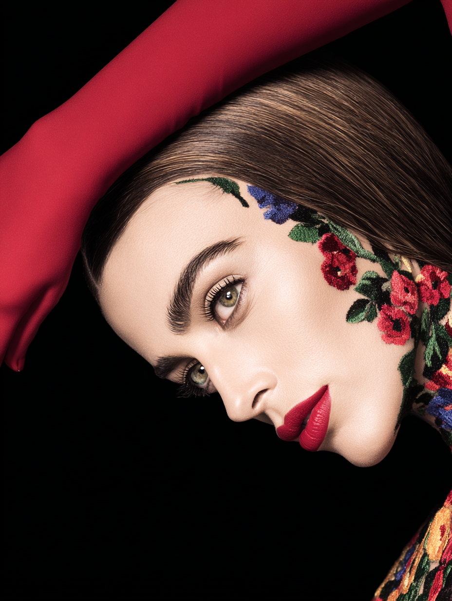 A woman with embroidered floral designs on her face and neck, wearing red lipstick, with her head resting on her arm, against a black background.