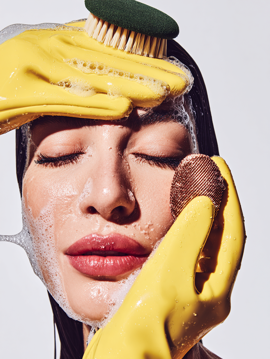 A woman with closed eyes during a skincare routine, with a yellow sponge and brush applying soap or cleanser to her face, and wet yellow waterproof gloves on her hands.