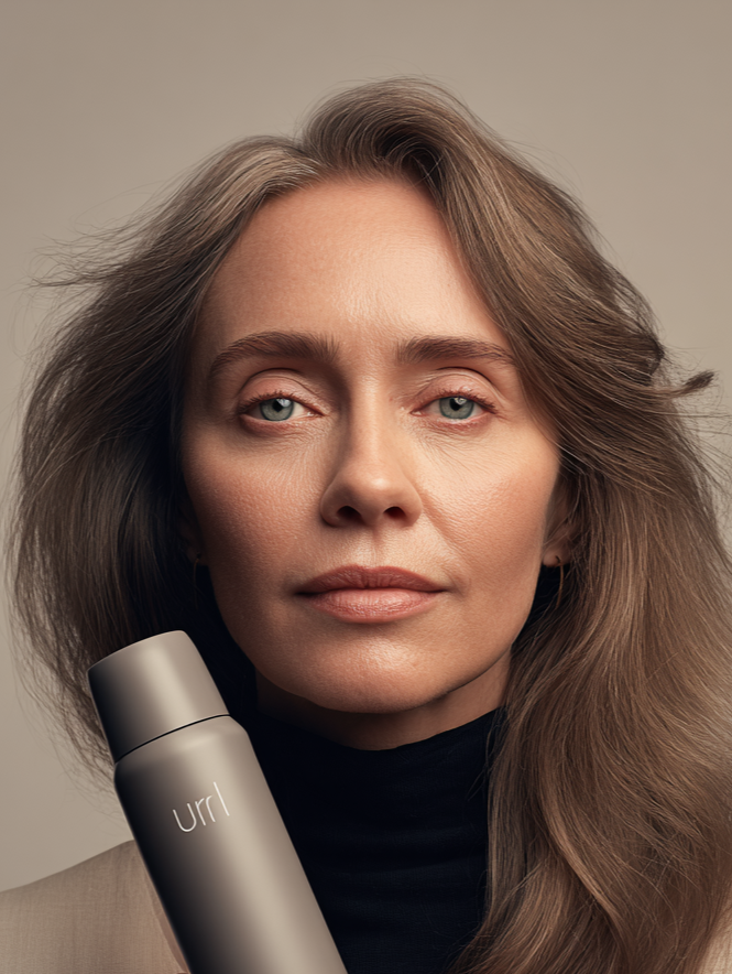 A woman with long, wavy brown hair and blue eyes holding a gray bottle labeled 'Uri' close to her face, wearing a black turtleneck and beige blazer, against a plain neutral background.