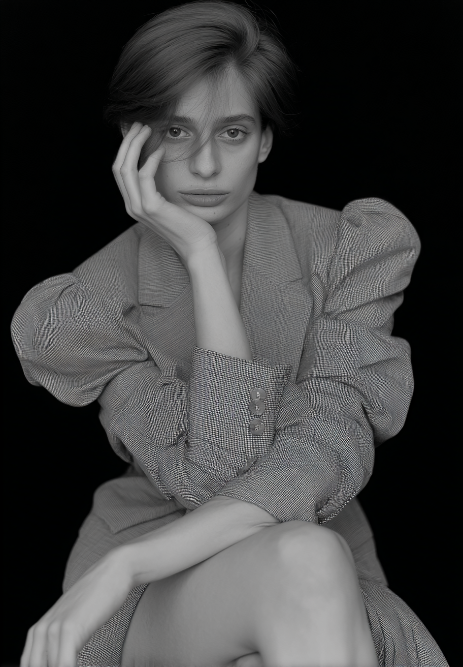 Black and white portrait of a woman with short hair, wearing a textured blazer, sitting against a black background, with her hand resting on her face and her knee.