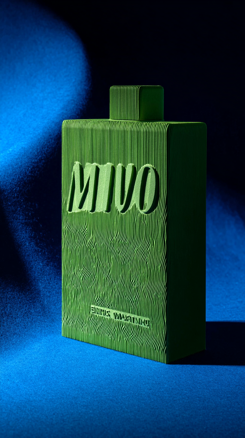 Green perfume bottle with textured lines and cut-out text, set against a black and blue background.